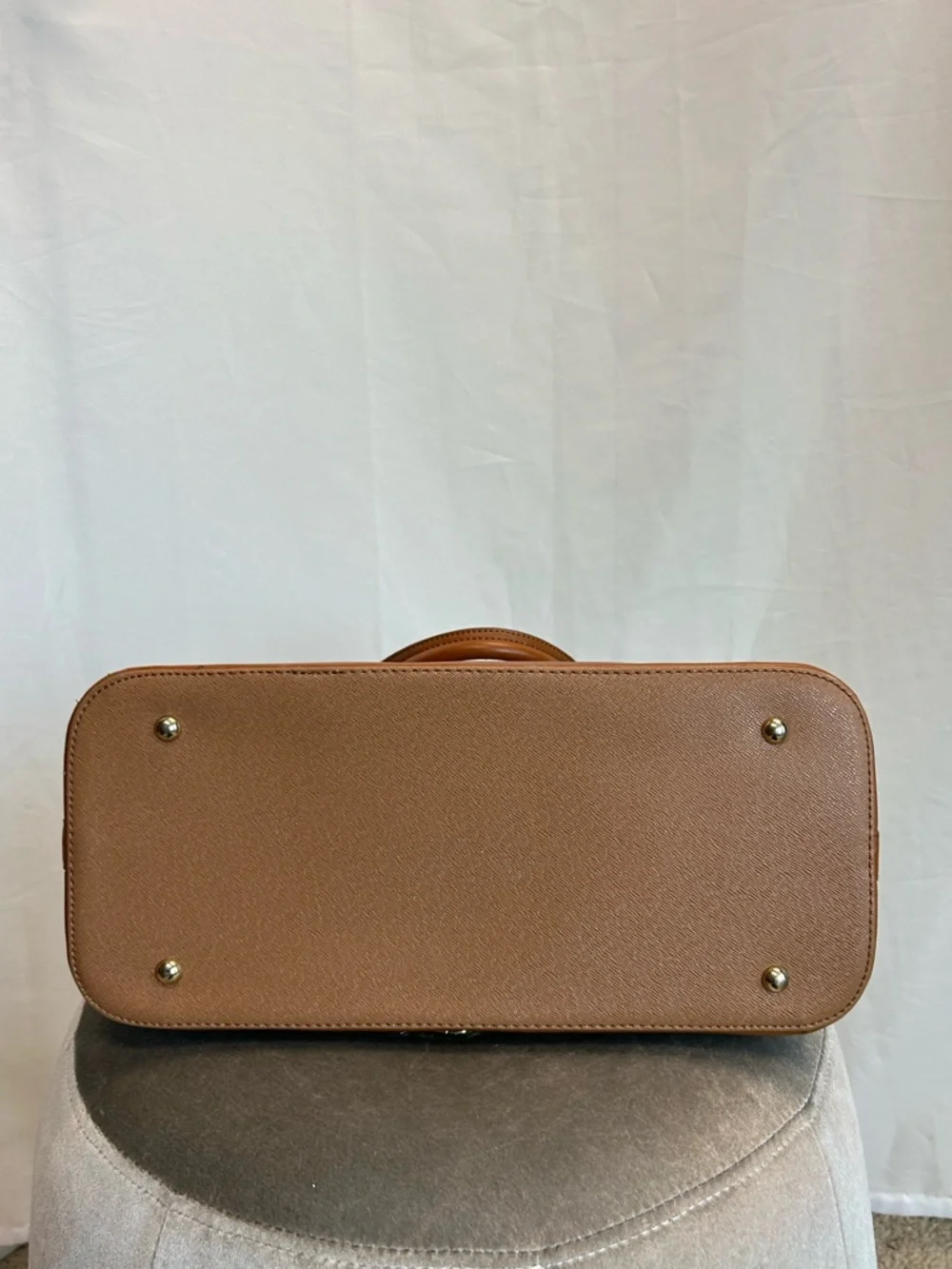JustFab Camel brown faux leather satchel handbag tote dome shape gold-tone